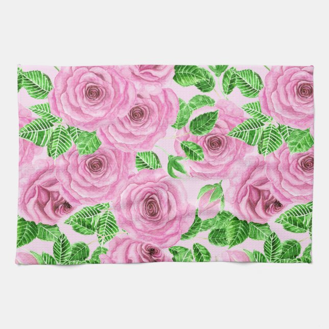 Linge De Cuisine Roses d'aquarelle rose avec feuilles et pattes de  (Horizontal)
