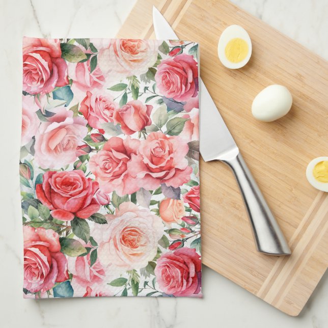 Linge De Cuisine Roses d'aquarelle rose romantique (Quart Plié)