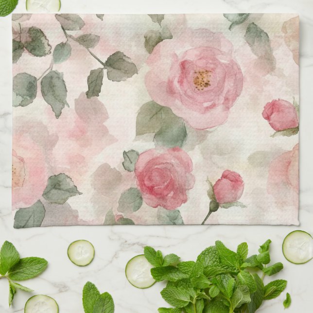 Linge De Cuisine Roses Fleurs Roses Tendres Romantiques  (Plié)