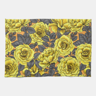 Linge De Cuisine Roses jaunes avec feuilles gris sur orange