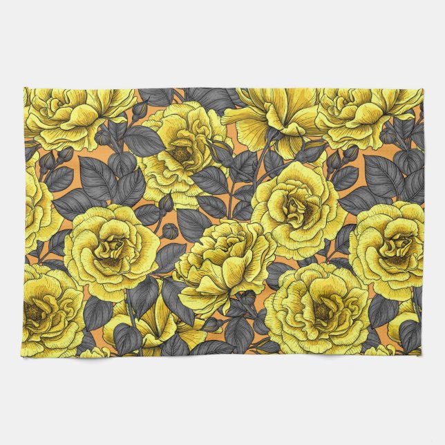 Linge De Cuisine Roses jaunes avec feuilles gris sur orange (Horizontal)