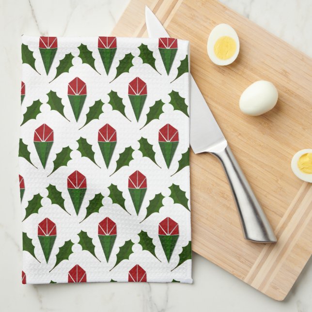 Linge De Cuisine Roses rouges élégantes et Motif vert Holly (Quart Plié)
