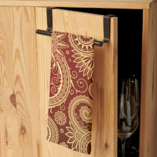 Linge De Cuisine Rouge abstrait et motif floral d'or