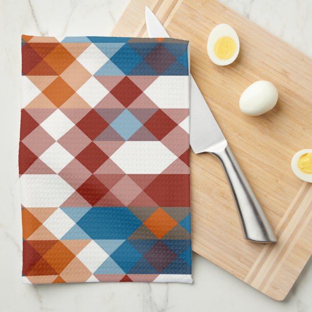 Linge De Cuisine rouge blanc bleu et orange géométrique (Quart Plié)