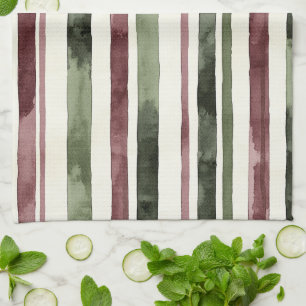 Linge De Cuisine Rouge Bourgogne Vert Crème Rayures Noël