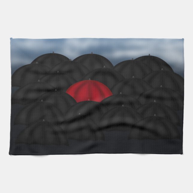 Linge De Cuisine Rouge dans une mer Noire de parapluies (Horizontal)