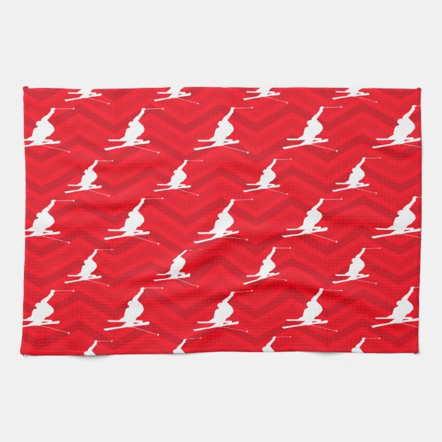 Linge De Cuisine Rouge écarlate, Blanc, Chevron, Ski De Neige (Horizontal)