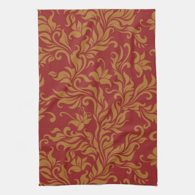 Linge De Cuisine Rouge et motif floral d'or (Vertical)