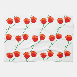 Linge De Cuisine Rouge Fleurs de pavot Coeur Blanc