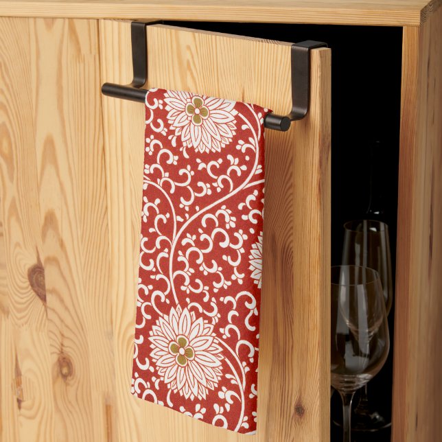 Linge De Cuisine Rouge Floral Vibrant Ornate Classé Motif (Pliage en tiers)