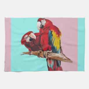 Linge De Cuisine Rouge Macaw perroquets Aquarelle Cuisine Aqua rose