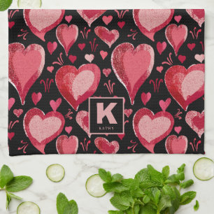 Linge De Cuisine Rouge rose Coeurs noirs Motif dessin Monogramme