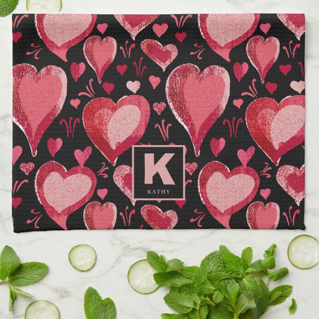 Linge De Cuisine Rouge rose Coeurs noirs Motif dessin Monogramme (Plié)