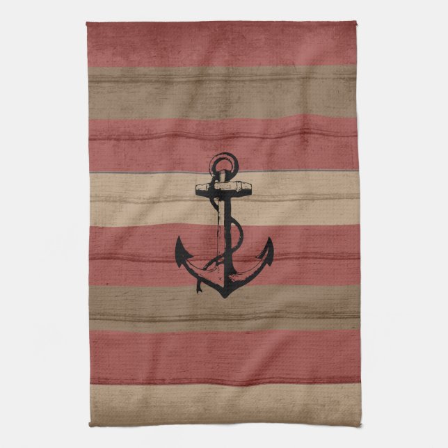 Linge De Cuisine Rouge rustique et bois Brown Grandes et Ancres mar (Vertical)