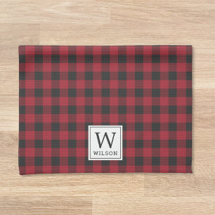 Linge De Cuisine Rouge Rustique Monogramme Noël à carreaux de bœuf