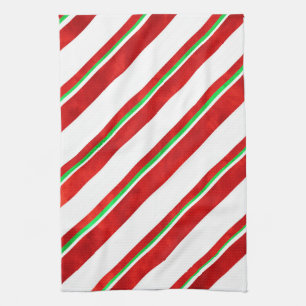 Linge De Cuisine Rouge Vert blanc Aquarelle Sucre de canne rayures