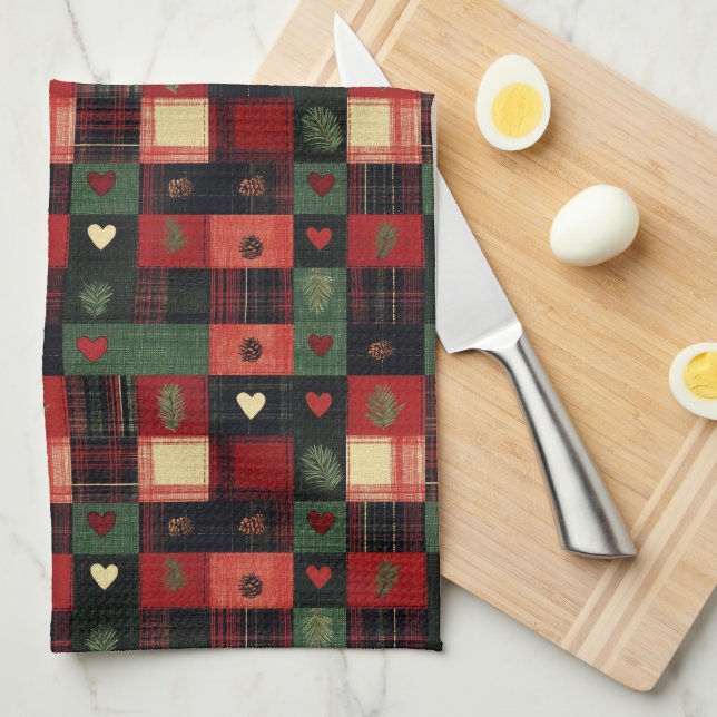 Linge De Cuisine Rouge Vert Carreaux Cœurs Noël Fêtes (Quart Plié)
