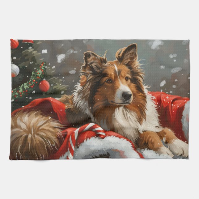 Linge De Cuisine Rough Collie Chien Festif de Noël (Horizontal)