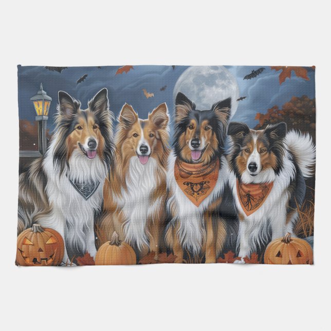 Linge De Cuisine Rough Collie Halloween Éffrayant (Horizontal)