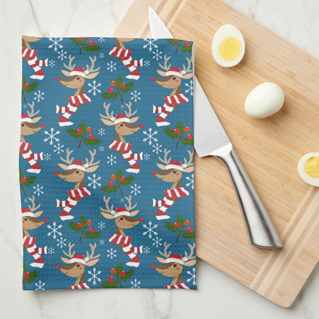 Linge De Cuisine Rudolph, Snowflakes et Christmas Holly (Quart Plié)