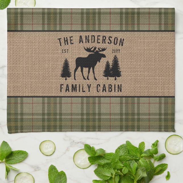 Linge De Cuisine Russe Cabine de famille Moose Pine Green Plaid Bur (Plié)
