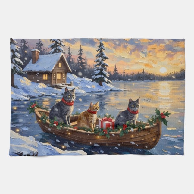 Linge De Cuisine Russian Blue Cat Christmas Boat Holiday (Horizontal)