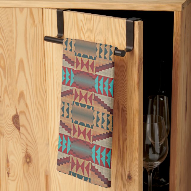 Linge De Cuisine Rust Orange Brown Turquoise Turquoise Blue Tribal  (Pliage en tiers)