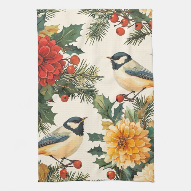 Linge De Cuisine Rustic Bird et Poinsettia Motif de Noël (9) (Vertical)