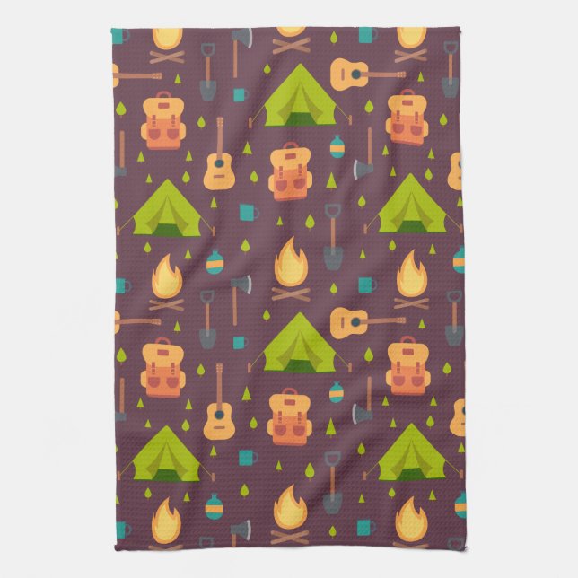 Linge De Cuisine Rustic Camping Tentes Motifs et Guitares (Vertical)