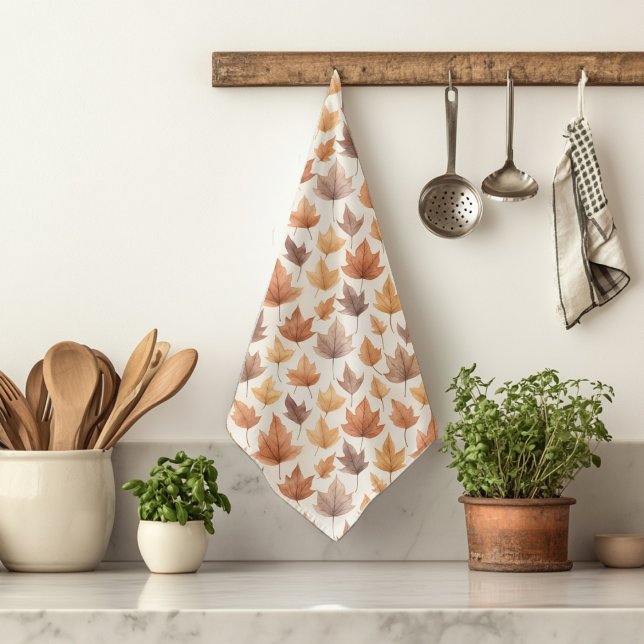 Linge De Cuisine Rustic Gold Brown Aquarelle Feuilles Motif (Créateur téléchargé)