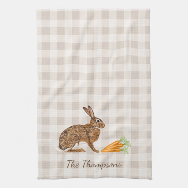 Linge De Cuisine Rustic Hare And Carrots With Name Beige Gingham (Vertical)