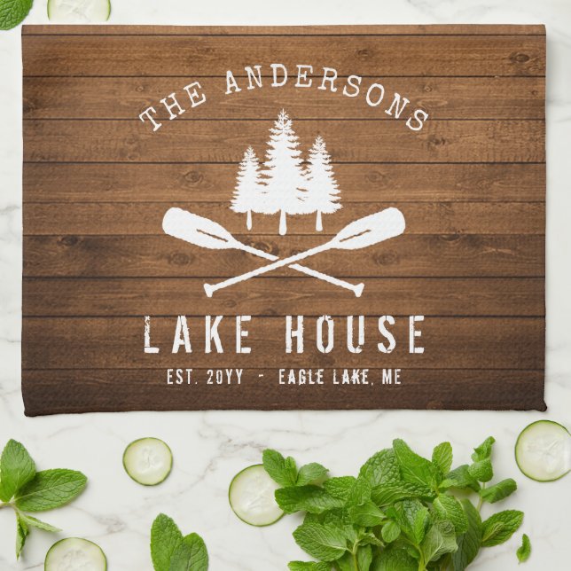 Linge De Cuisine Rustic Lake House Bateau Arbres Bois Imprimer (Plié)