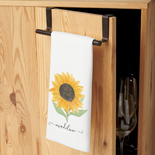 Linge De Cuisine Rustic Sunflower Personalized Name Script (Pliage en tiers)