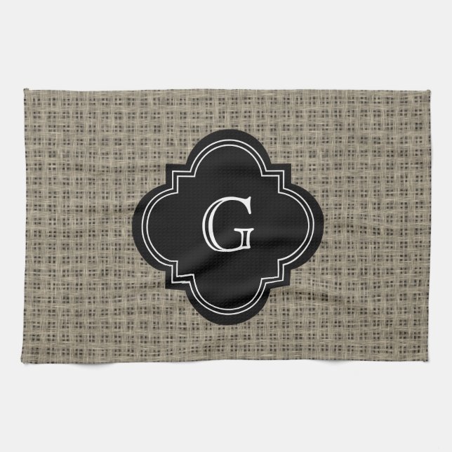 Linge De Cuisine Rustique Country Burlap Look, Étiquette Monogramme (Horizontal)
