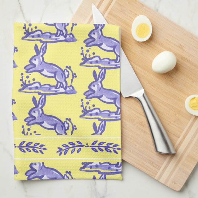Linge De Cuisine Rustique Jaune & Bleu Pays Lapin Français Joli (Quart Plié)