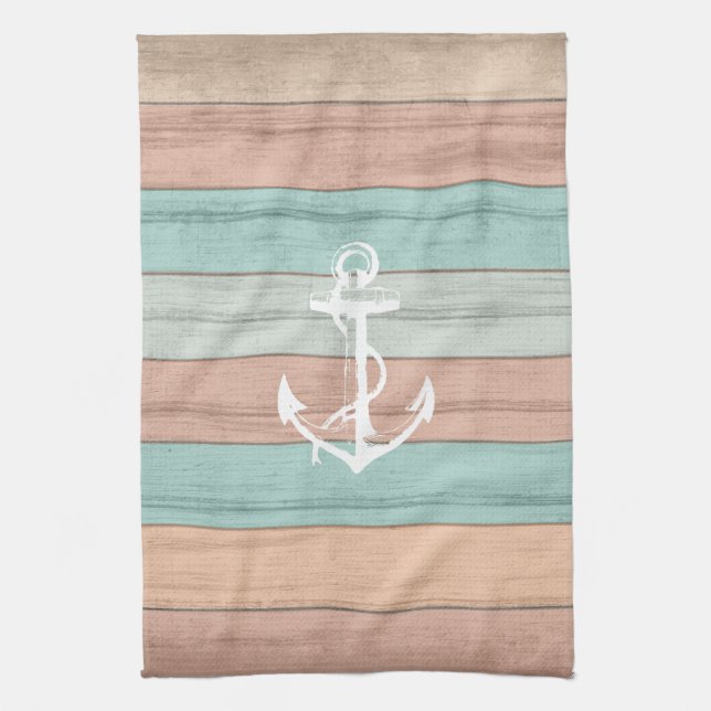 Linge De Cuisine Rustique Summer Beach Bois Bandes et Ancres nautiq (Vertical)