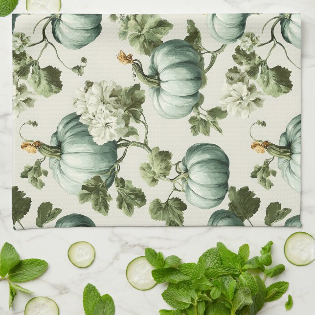 Linge De Cuisine Sage Green Citrouilles et fleurs d'automne (Plié)