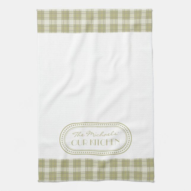 Linge De Cuisine Sage Green Country Plaid Pattern monogram (Vertical)