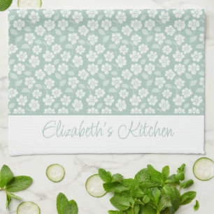 Linge De Cuisine Sage Green Pastel Léger Monnaie Blanc Boho Flores