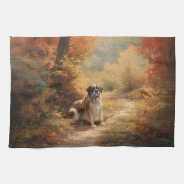 Linge De Cuisine Saint Bernard en automne Feuilles Automne automne  (Horizontal)