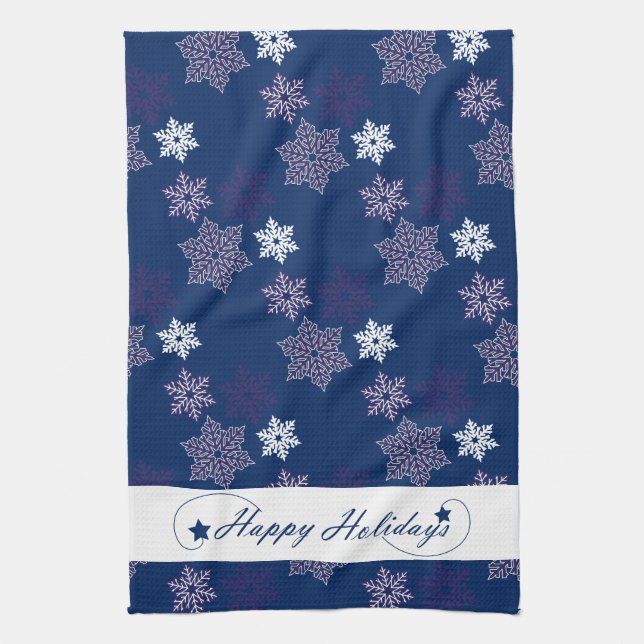 Linge De Cuisine Salutations de saison Snowflakes sur le bleu marin (Vertical)