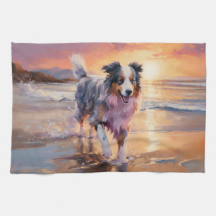 Linge De Cuisine Sandy Australian Shepherd Dog on Beach Sunset