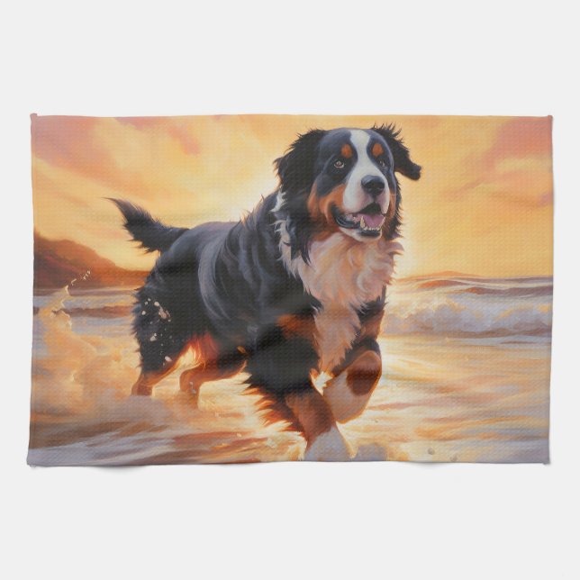 Linge De Cuisine Sandy Paws Bernese Mountain Dog on Beach Sunset (Horizontal)