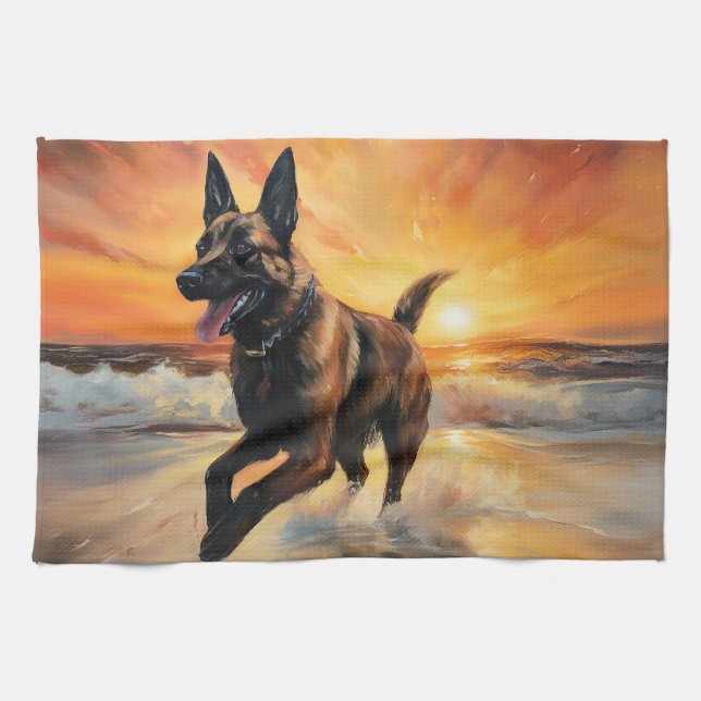 Linge De Cuisine Sandy Paws Chien Malinois Belge sur le coucher du  (Horizontal)