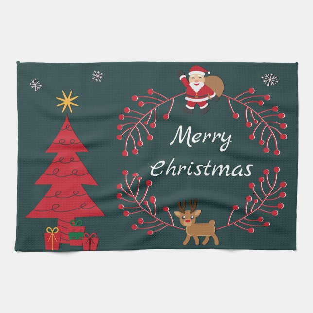 Linge De Cuisine Sapin de Noël, Père Noël et Rudolph (Horizontal)