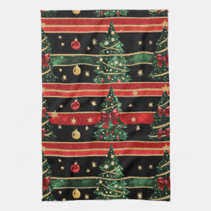 Linge De Cuisine Sapin de Noël scintillant - Rayures rouges noires