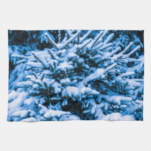 Linge De Cuisine Sapin de Noël sous la neige d'hiver (Horizontal)