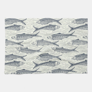 Linge De Cuisine Sardines en mouvement en bleu marine et ivoire