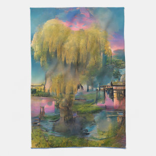 Linge De Cuisine Saule au coucher du soleil près de l'étang