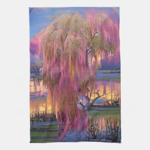 Linge De Cuisine Saule rose au coucher du soleil près de l'étang